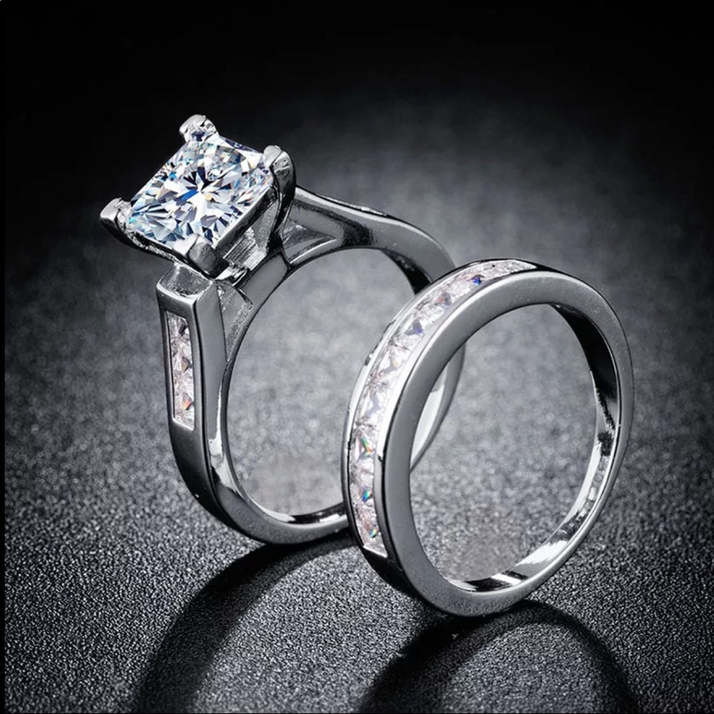 New Luxury 2pc 925 Silver Diamond Engagement Ring - Picture 3 of 6